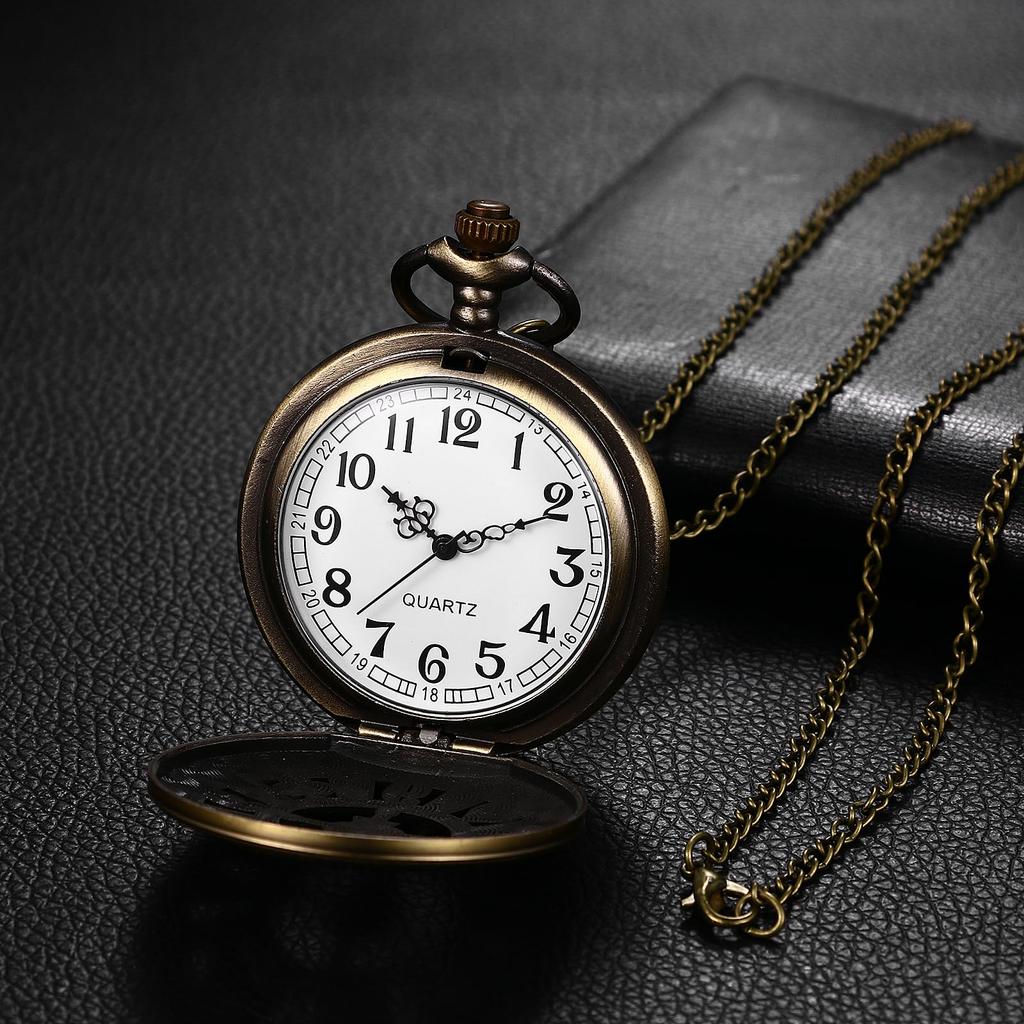 Pocket Watch Antique Retro Skeleton Gear Crown Pendant Watch Chain Necklace Pocket Watch Bronze