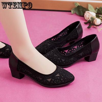 Женские сандалии, сетка, полый дизайн, украшения со стразами, женские сандалии из мягкой кожи, противоскользящая мягкая подошва, дышащие туфли на высоком каблуке для поездок на работу