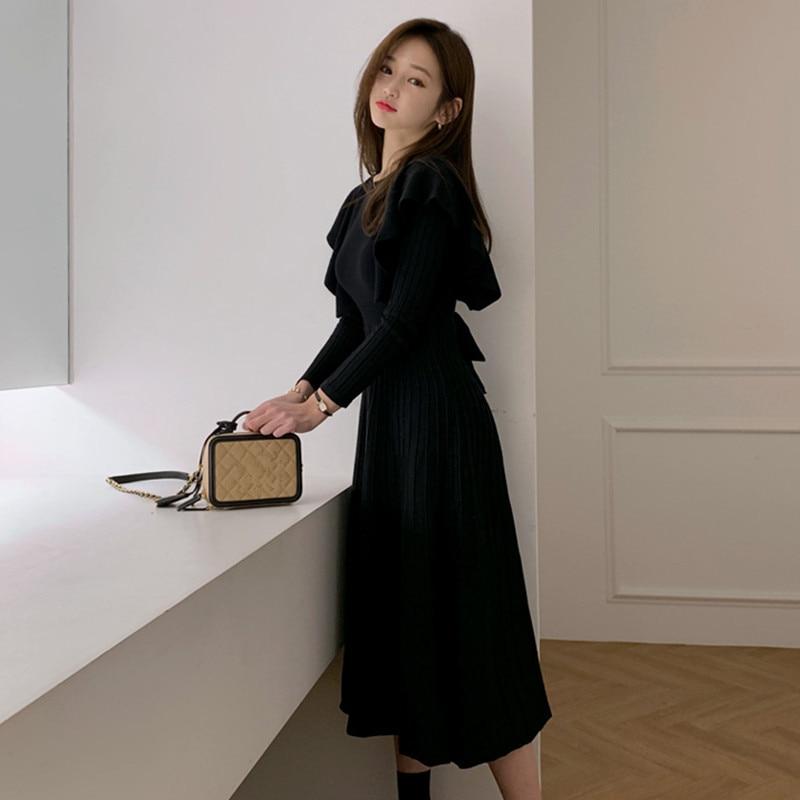 Осень-зима Элегантное женское длинное трикотажное платье с круглым вырезом, облегающее платье с длинными рукавами и оборками, плиссированное платье с поясом, женское платье-свитер