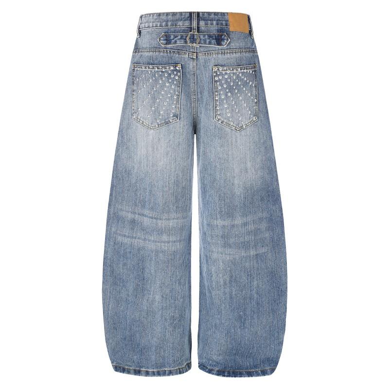 Mens Vintage Washed Denim Jeans Baggy Wide Leg Paris Buckle Hot Drilling Straight Pants
