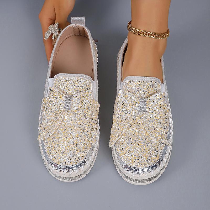 Women's Gold Silver Bowtie Sequin Flats Shiny Crystal Thick Sole Platform Loafers Ladies Light Comfort Non Slip Casual Shoes