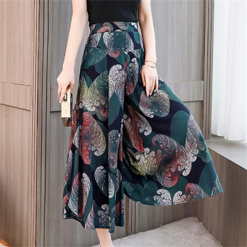 Women Casual Straight Print Wide Leg Loose Pants Patchwork Long Trousers