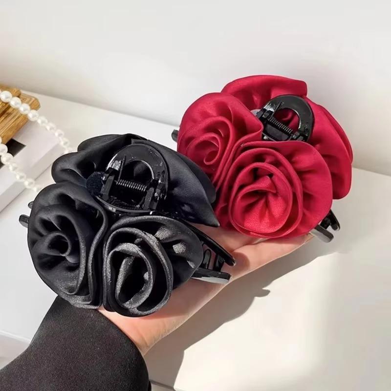 French Big Double Rose Flower Hair Claw Clips for Women Girls Vintage Satin Solid Fabric Handmade Shark Hairgrip Accessories
