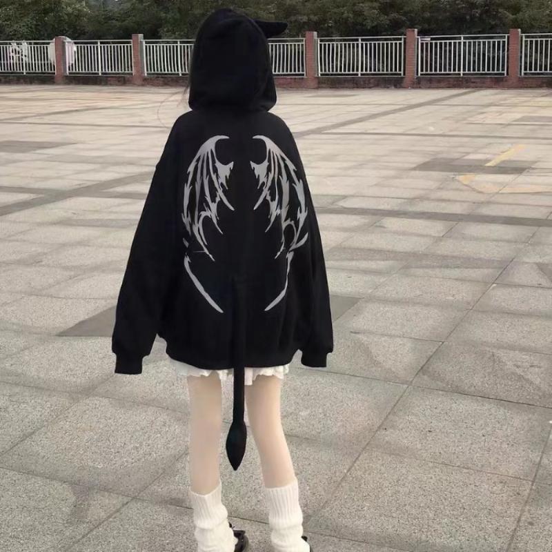 Готические толстовки на молнии в стиле Харадзюку, женские топы в готическом стиле, японская уличная одежда, толстовка с капюшоном, осенние пуловеры