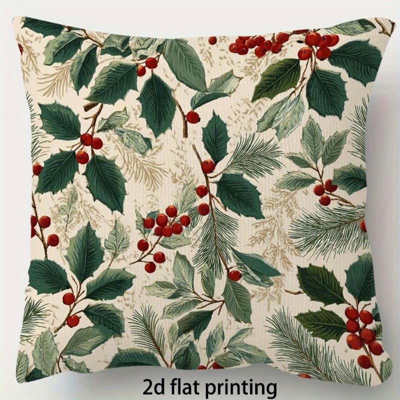 Holly Berry Pillow Cover Vintage Botanical Print Festive Pine Branch Cushion Case For Sofa Bed Couch Rustic Home Decor Gifts