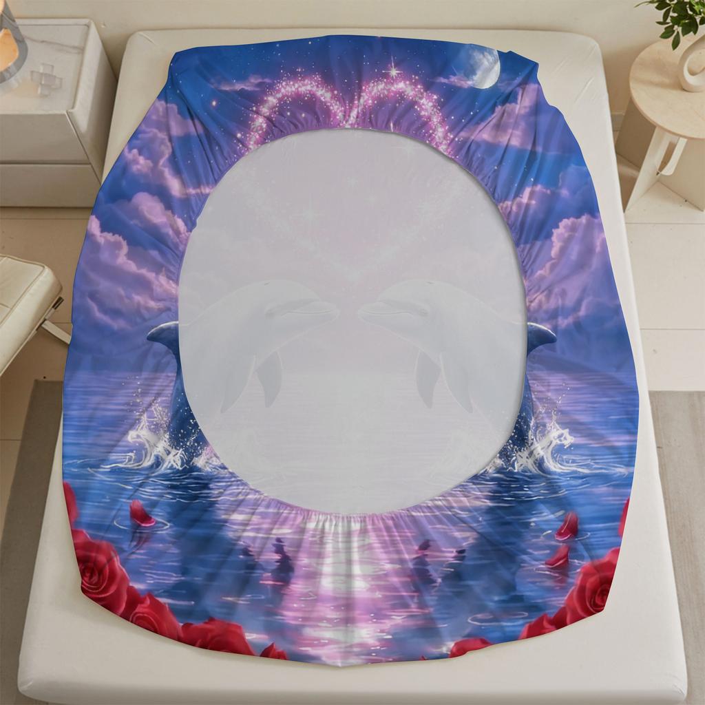 Dolphin Love Heart Print Fitted Sheet Set Purple Blue With Roses And Dolphins Pattern With Pillowcases For Bedroom Decor