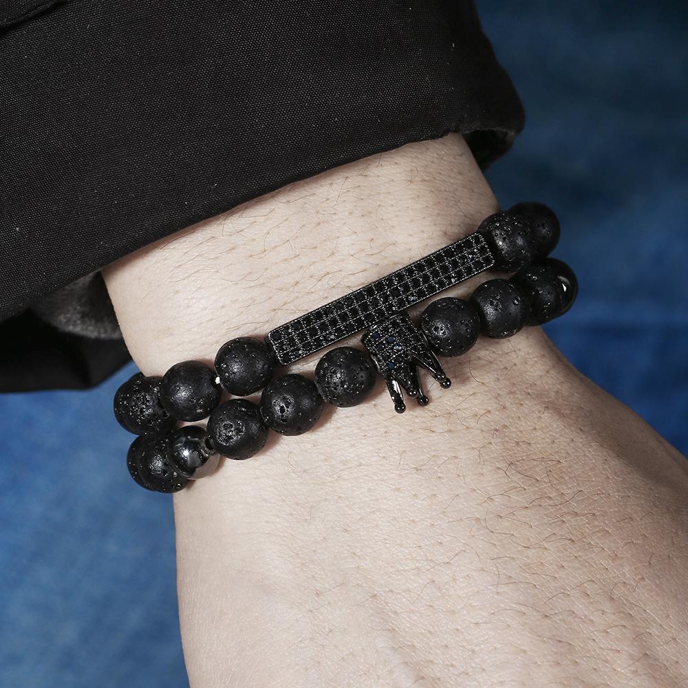 European and American new simple matte black bead volcanic stone crown black zircon bracelet set 1 elastic Buddha bead bracelet