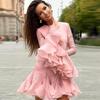 Elegant Ruffles Single Breasted Ruffles Mini Dress Women Flared Sleeve High Waist O-neck Dresses 2025 Lady Party Gowns New