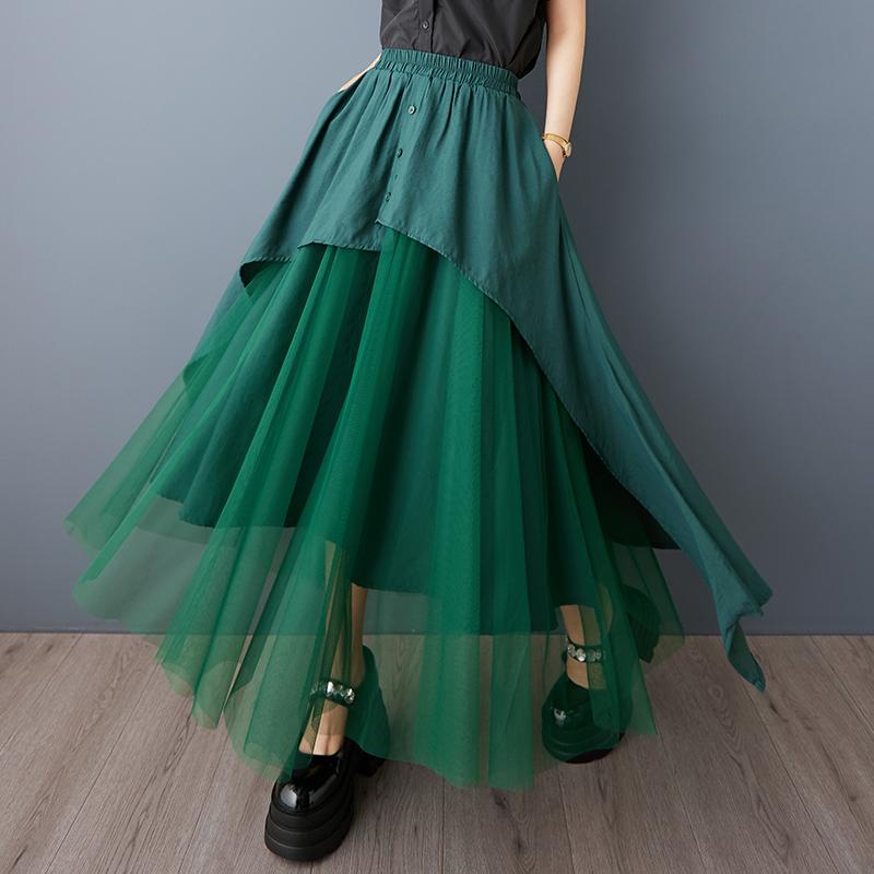 DIMANAF 2025 Весна Лето Плюс Размер Женские Новые Юбки Винтажные Эластичные Кружевные Асимметричные Юбки Свободные Высокая Талия