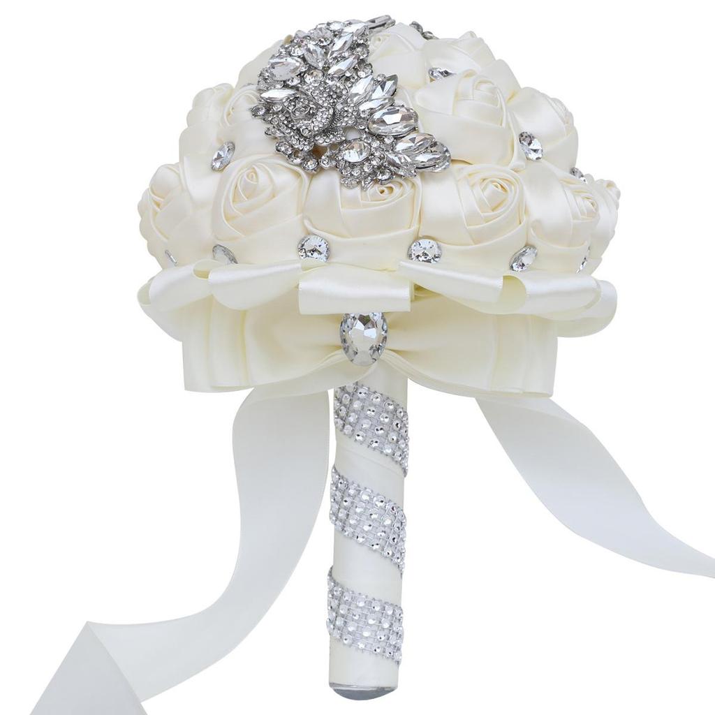Handmade Wedding Bride Bridesmaid Bridal Bouquet Rose Holding Toss Artificial Flowers Bouquets with Satin Ribbon Rhinestone