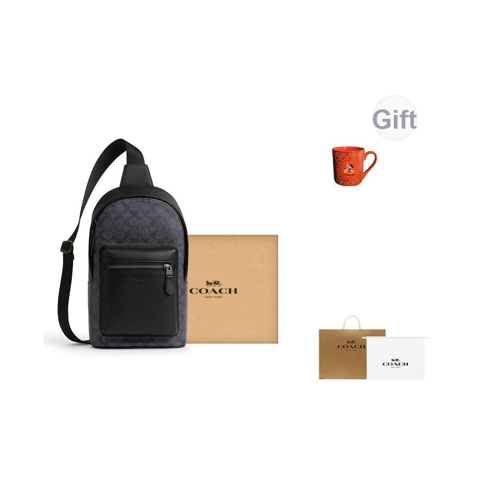 Coach West Pack 20 Металлический логотип Застежка-молния Покрытый холст Сумка через плечо Нагрудная сумка Маленькие мужские сумки Угольно-черный CV924-QBMI5