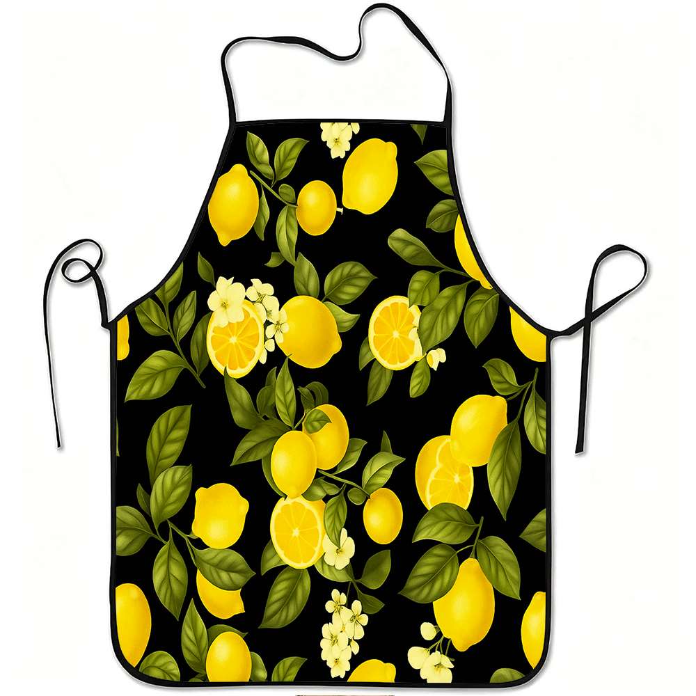 The 1pc Lemon Fruit and Floral Design Apron Is Made of Durable and Easy-to-clean Polyester with an Adjustable Belt for Cooking, Gardening, Fruit Picki