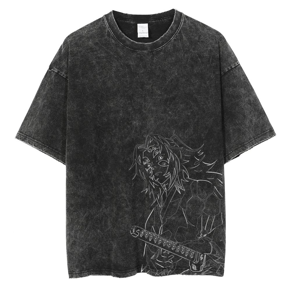 Anime Demon Slayer Kamado Tanjirou Graphic Print T Shirt Men Manga Tshirts Washed Cotton T-shirt Harajuku
