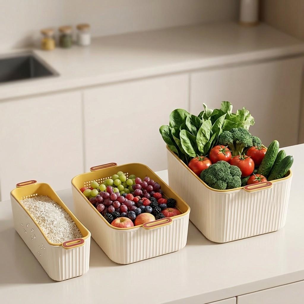 1/2/4PCS Fridge Double Layer Fruit Vegetable Storage Box Stackable Kitchen Organizer Plastic Drain Storage Basket With Handle