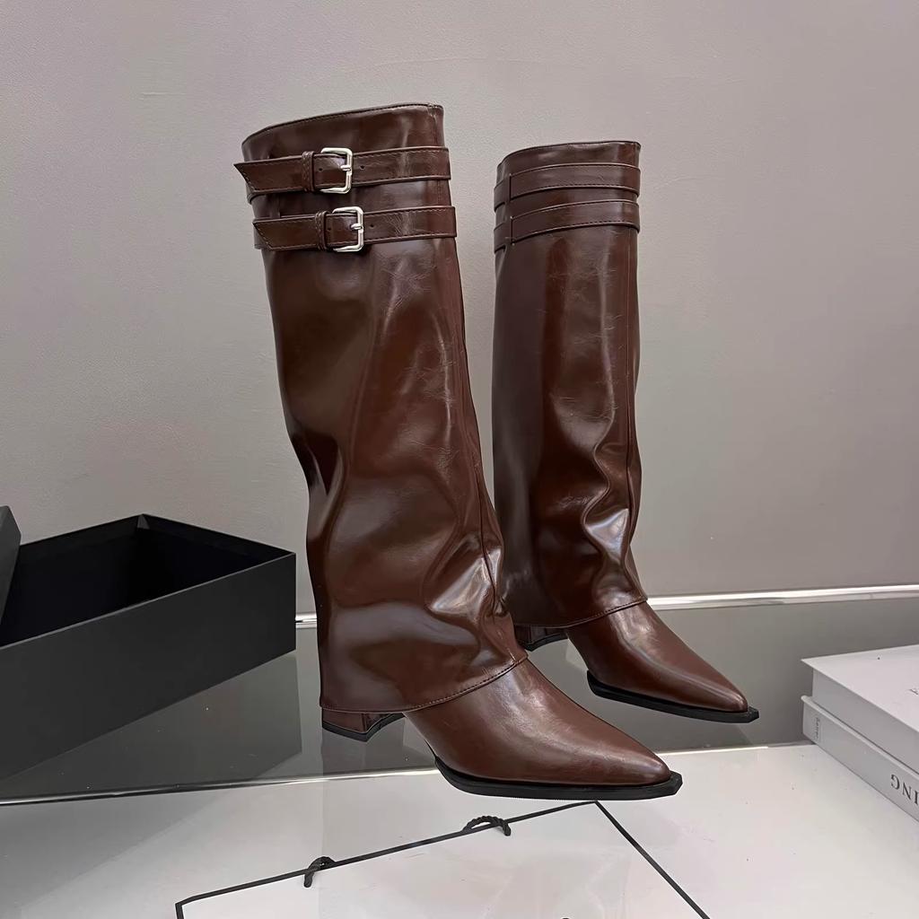 High-heeled pointed trouser boots autumn and winter new versatile retro thick heel but knee boots high knight boots