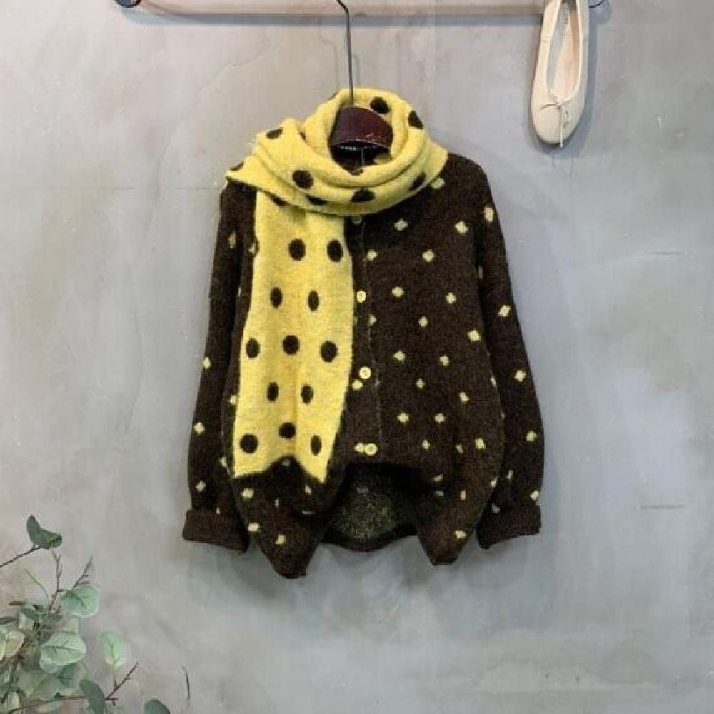 C S In The Room Wool Dot Pattern Long Sleeve Knit Cardigan SCarf Set 4Color