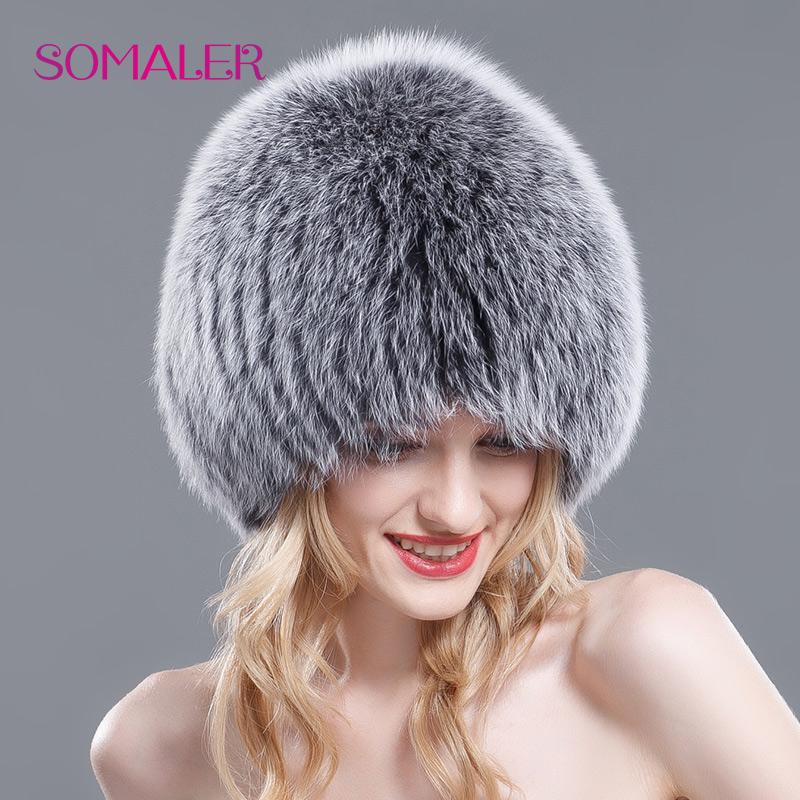 SOMALER Real Full Fox Fur Bomer Caps for Women Winter Knitted Fur Hats Wool Lining Warm Hats Silver Fox Fur Cap