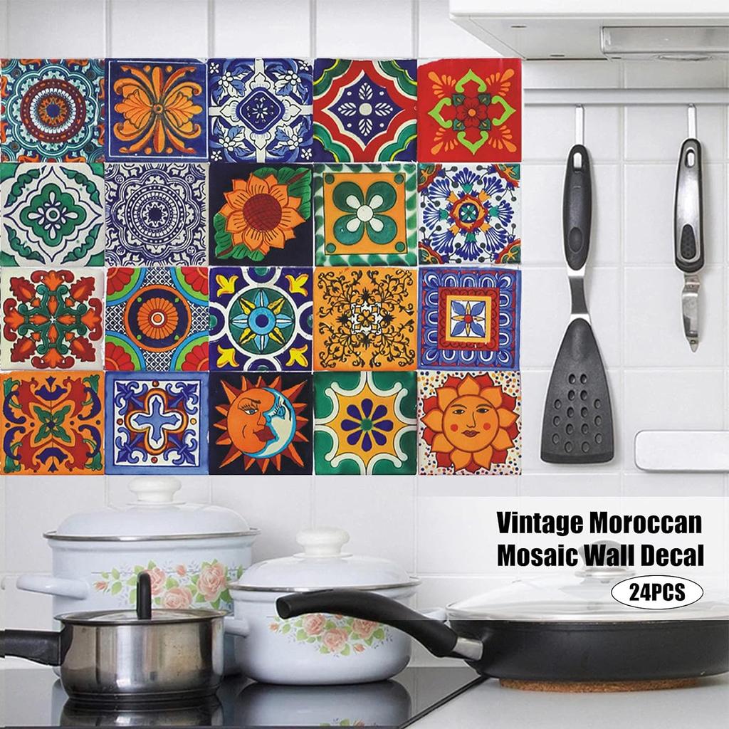 Moroccan Tile Stickers,24 Pcs 15 * 15cm Vintage Self Adhesive Vinyl Tile Decals Wall DIY Tile Stickers Home Decoration for Kitchen Living Bedroom