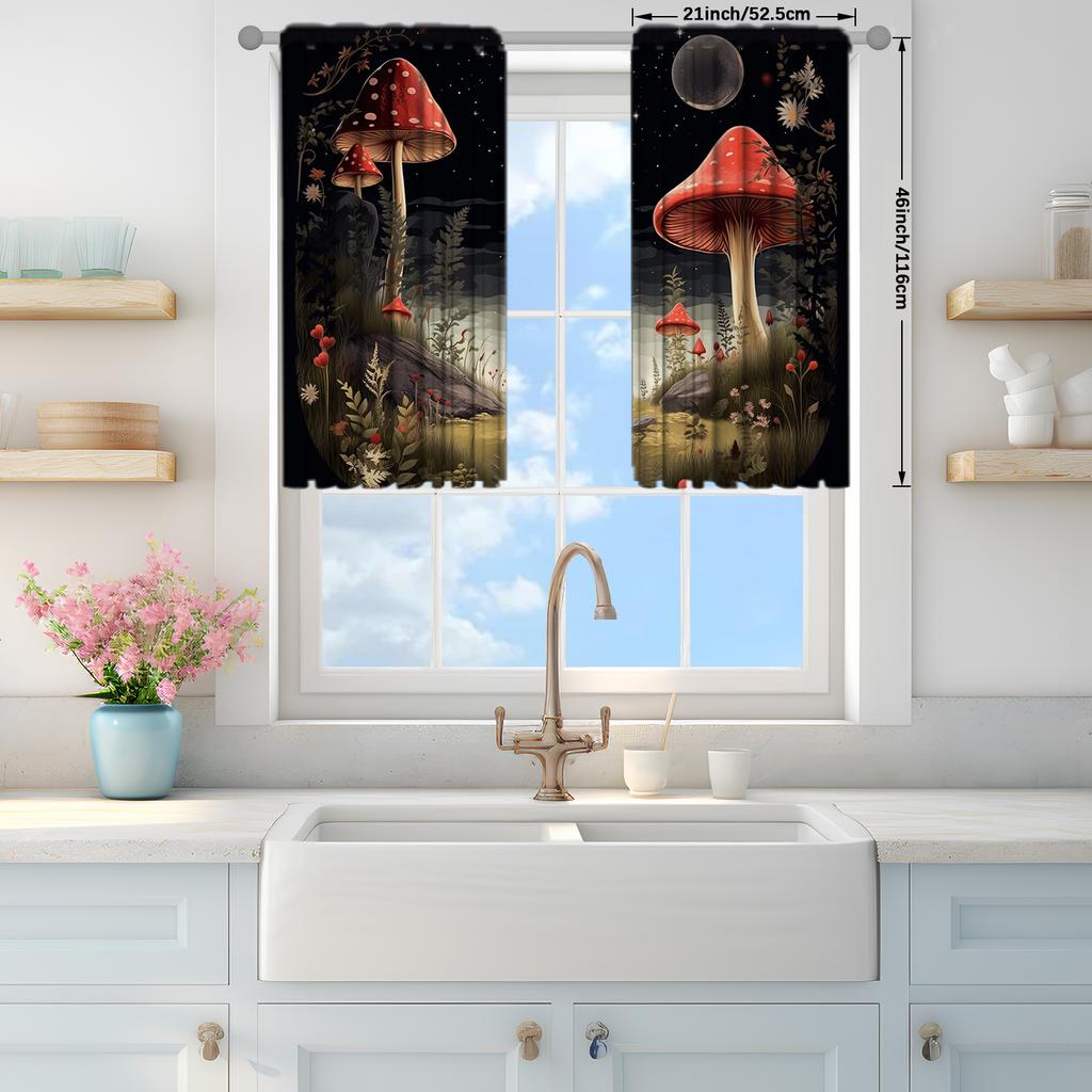 Mushroom Printed Curtain for Home Decor - Rod Pocket Window Treatment for Bedroom, Kitchen, Living Room