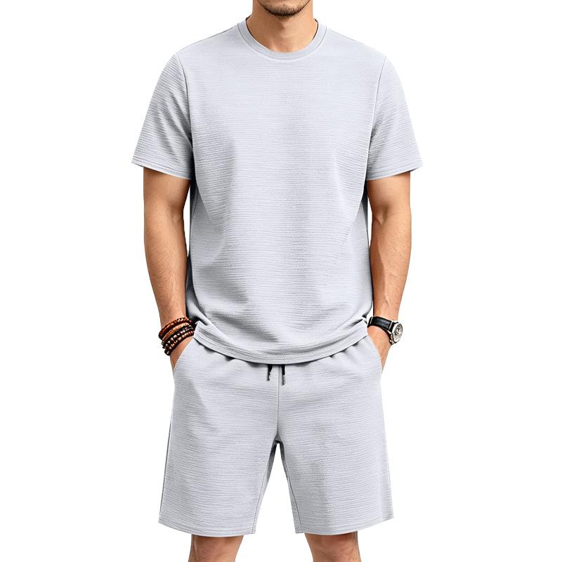 Men Ribbed Knit Crew Neck Short Sleeve Top & Drawstring Pocket Shorts Two Piece Set