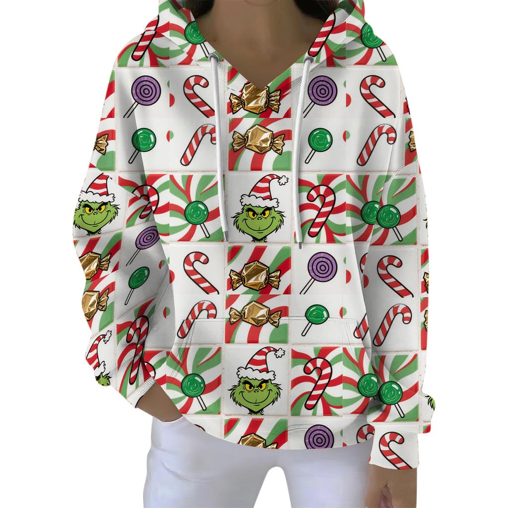 Ladies' Loose And Comfortable Drawstring V-neck Long Sleeved Christmas Printed Sweatshirt