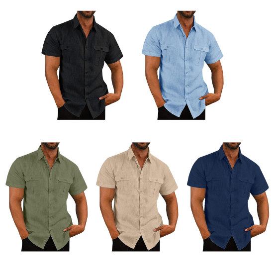 Men Summer Shirt Single-breasted Loose Chest Pockets Turn-down Collar Short Sleeves Lightweight Cardigan Button Formal Business Beach Top