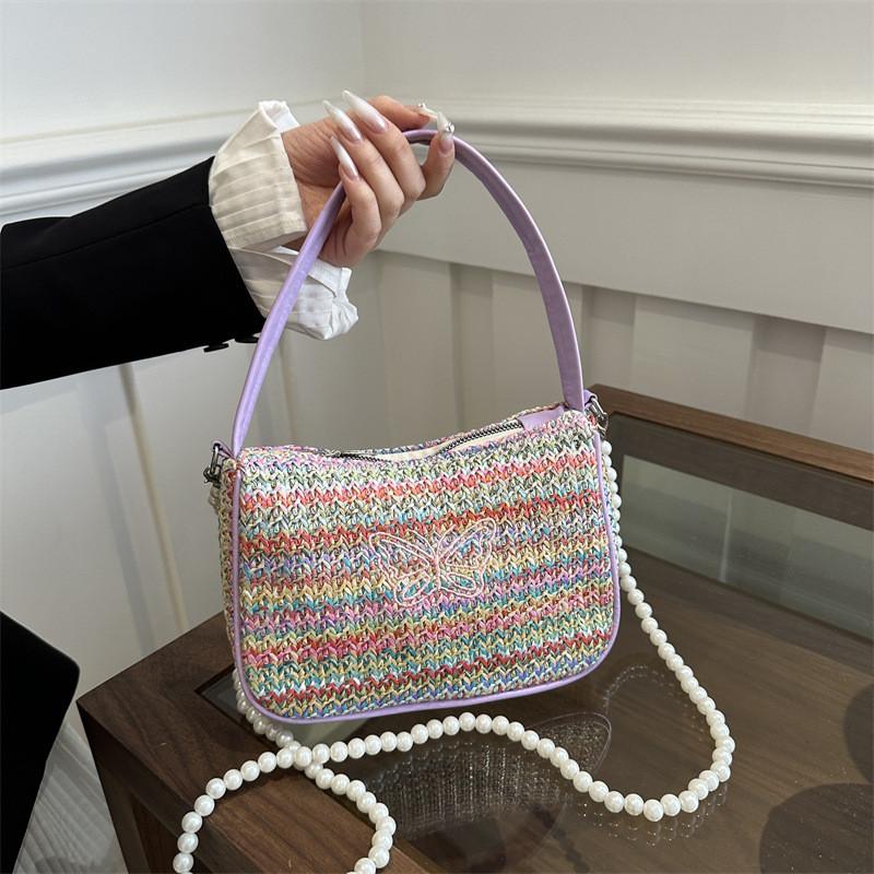 Stylish National Style Woven Bag With Pearl Chain Strap Small Shoulder Bag For Casual Outfits
