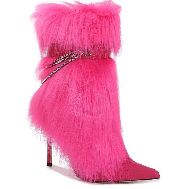 Модные Новые Туфли на Высоком Каблуке с Острым Носком, Нишевый Дизайн, Цепь, Волосатые Ботинки, Европейская Американская Мода, Черные, Красные, Острые, Сексуальные Женские Ботинки, Размер 43