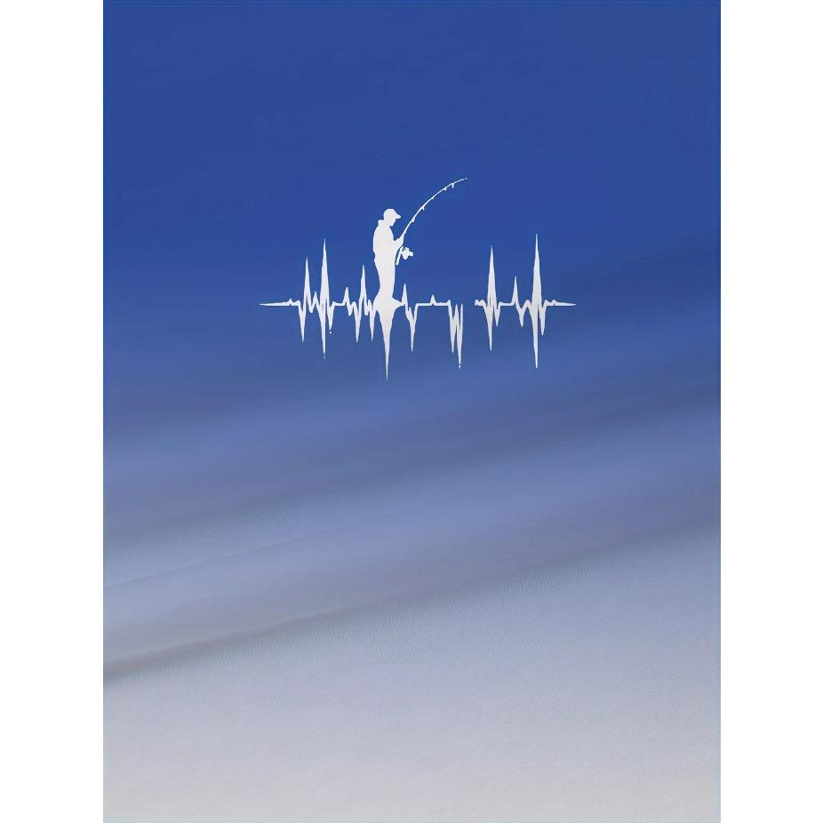 Яркий стиль| Футболка с градиентным рыболовным принтом для мужчин больших и высоких размеров - Повседневная полиэстеровая футболка с коротким рукавом, Летний принт с рыболовной экипировкой и сердцебиением, БОЛЬШОЙ РАЗМЕР