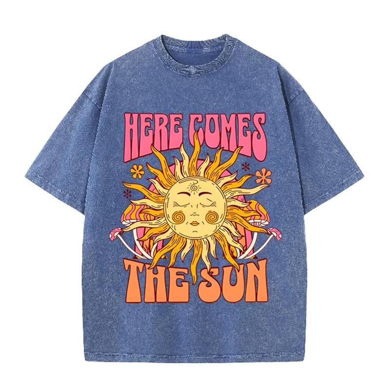 Винтажная черная футболка "Here Comes The Sun" Ретро Психоделическое Солнце Кислотная стирка