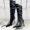High Heel Thin Heels Modern Boots Pointed Toe Solid Shoes Female 2024 High Quality Pleated Spring/autumn Solid Women's Boots