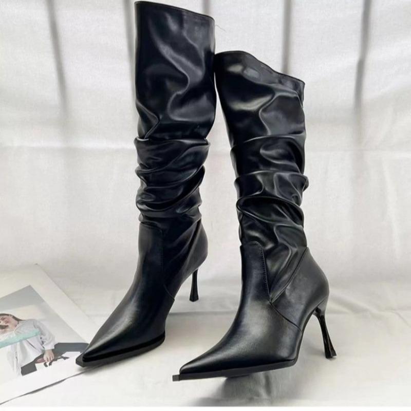 High Heel Thin Heels Modern Boots Pointed Toe Solid Shoes Female 2024 High Quality Pleated Spring/autumn Solid Women's Boots