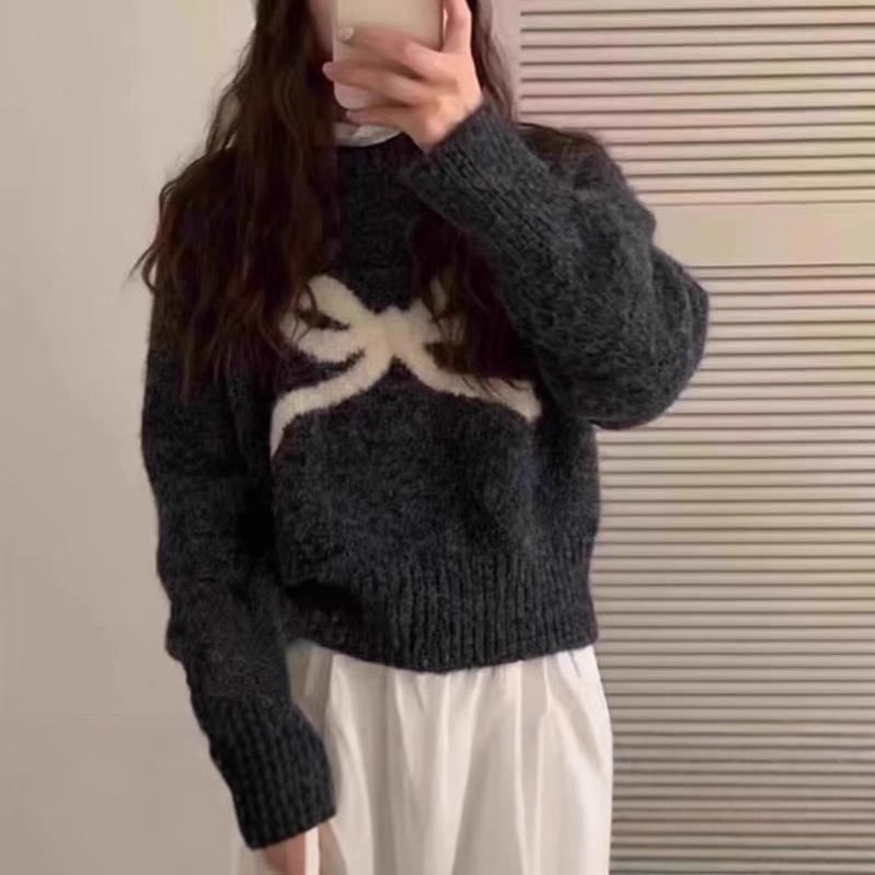 Пуловер с круглым вырезом и бантом, женский осенне-зимний, маленький, мягкий, клейкий базовый трикотаж