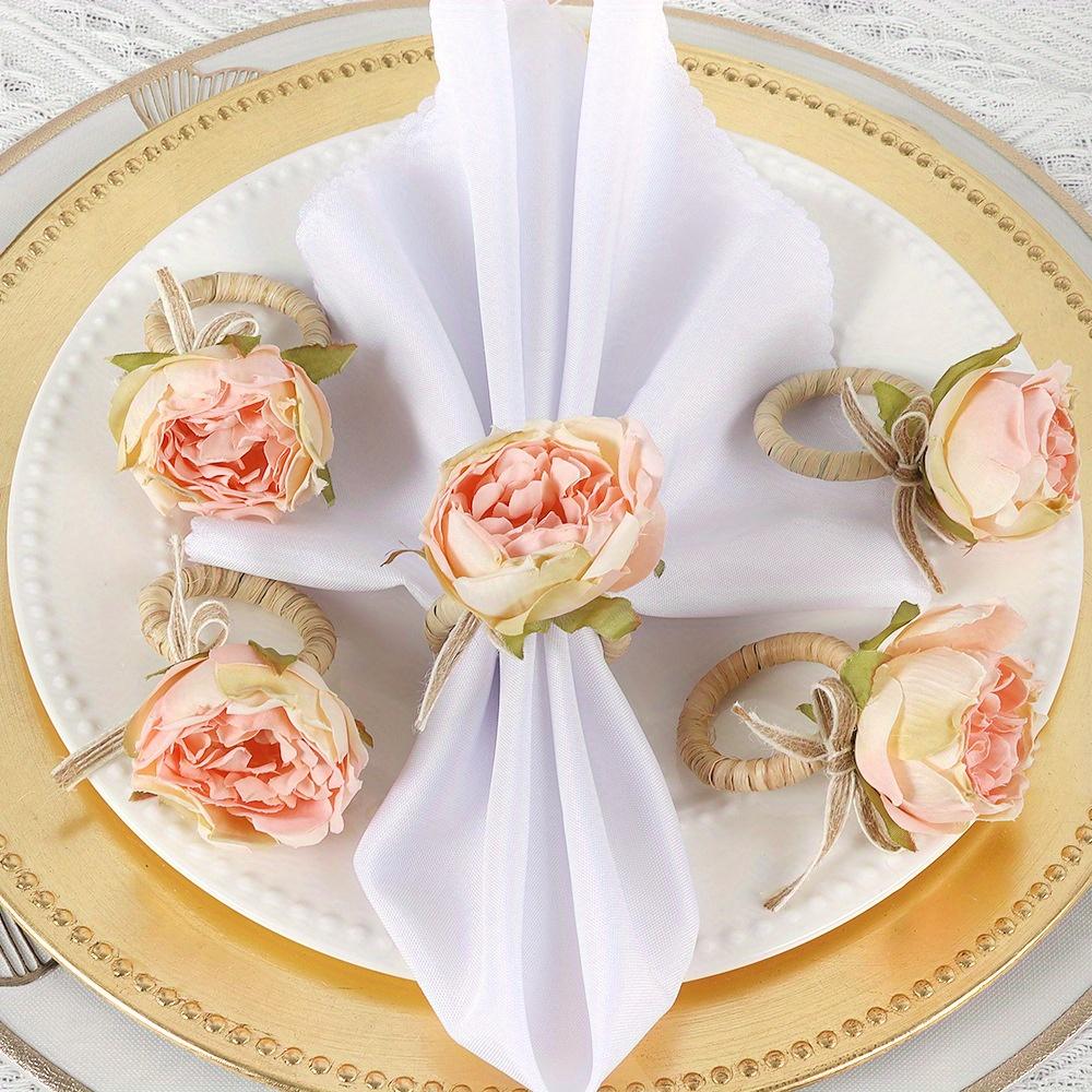 4PCS Elegant Pink Peony Flower Napkin Rings - Handcrafted with Burlap & Twine, Perfect for Weddings, Luncheons, Picnics, Banquets, Christmas