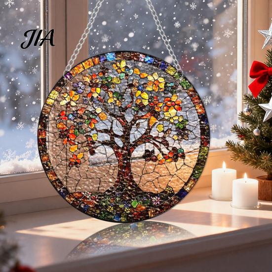 Atmosphere Enhancing Wall Decor Stained Glass Style Acrylic Window Hanging, Tree of Life & Winter Forest Double Sided Printed Ornament Round