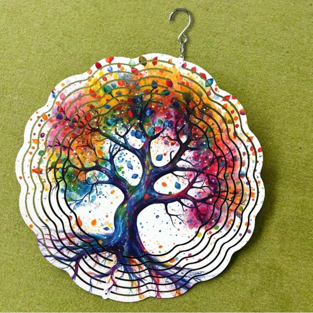 Vibrant Life Tree Metal Wind Chime - Colorful Abstract Garden Art with Dangling Ornaments, Indoor/Outdoor Decor (Wall Hanging or Patio)