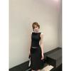 Kumikumi Simple Temperament Solid Round Neck Vest Sling Women Clothes Summer Low Waist Slimming Skirt Two-piece Set