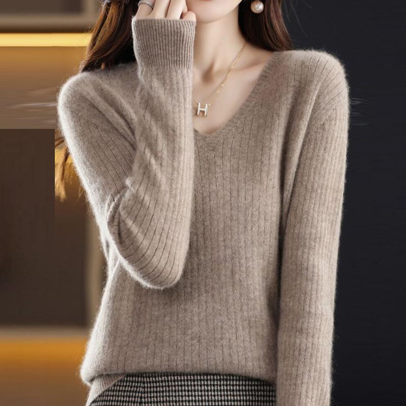 Slim Fit Женские пуловеры свитера топы осень и зима новый V-образный вырез вязаный свитер длинный рукав однотонный трикотаж одежда 28502