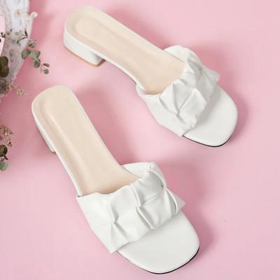 Женские летние новые шлепанцы на массивном каблуке, плиссированные, с квадратным носком, зеленые, оранжевые, женские сандалии, повседневные, элегантные, женские вечерние сандалии