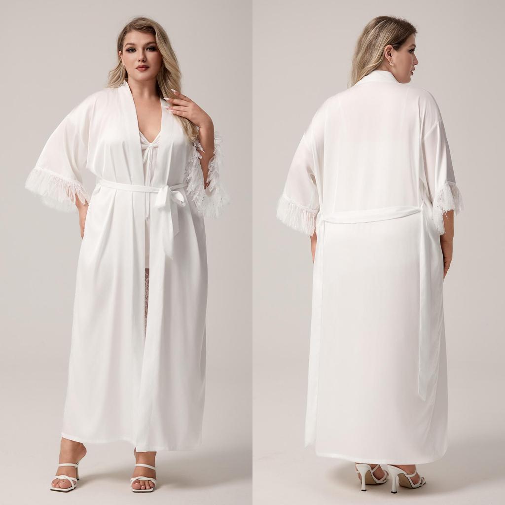 Yaoting Plus Size Satin Chiffon Feather Long Robe Pajamas WP5013