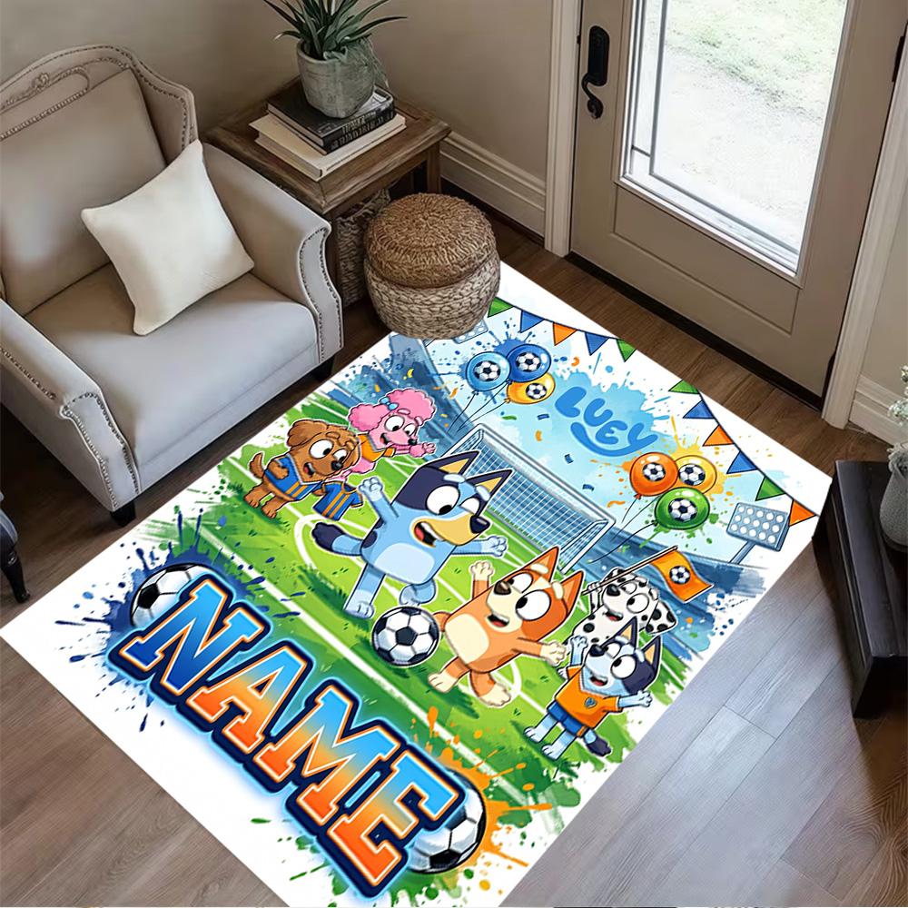 Bluey's Soccer Fun Customize Your Name Area Rug Perfect for Balcony Hallway Kitchen Study room Anti-slip Rug Anime Office Decor Wedding Party Gift