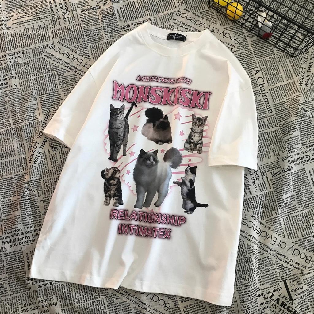 Футболка из 100% хлопка, летняя винтажная футболка с забавным принтом мультяшного кота для женщин, одежда Harajuku, свободные футболки, топы Y2k, унисекс, хип-хоп, уличная одежда