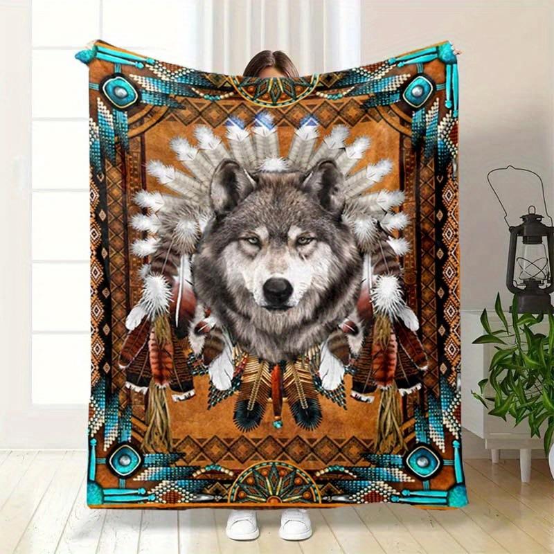 Indian totem wolf pattern digital-printed polyester Bedroom velvet flannel cover blanket Fleece soft cover blankets for beds