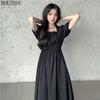 HOUZHOU черное платье с короткими рукавами, женское милое кавайное летнее корейское элегантное платье миди с высокой талией и квадратным воротником