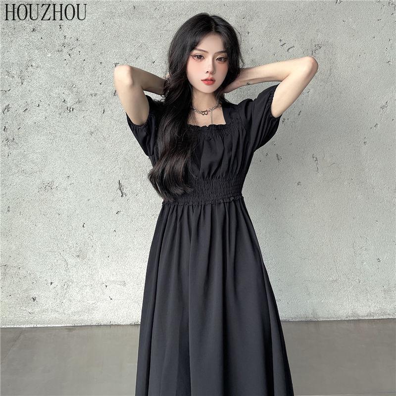 HOUZHOU черное платье с короткими рукавами, женское милое кавайное летнее корейское элегантное платье миди с высокой талией и квадратным воротником