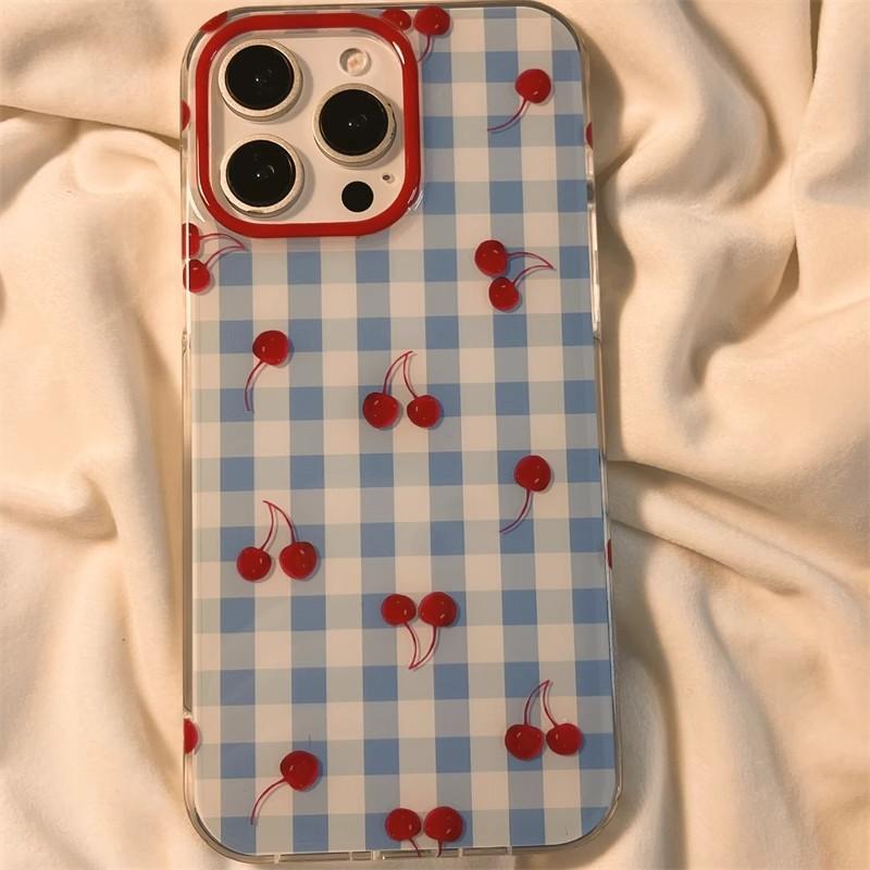 Niche Blue Checked Cherry Phone Case Suitable for Apple 16 15PRO Cartoon Protective Case IPhone14 13