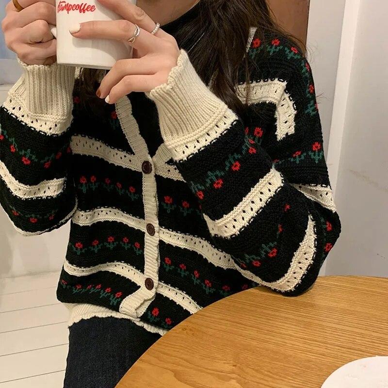 Autumn Flower Print Knitted Cardigan Sweater Women Loose Winter Korean Sweet Cardigan Knitwears Warm Long Sleeve Cardigans 29159
