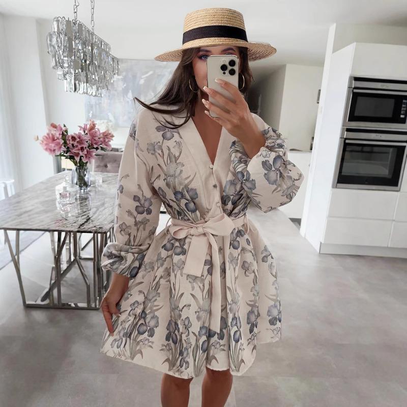 Женское модное винтажное элегантное темпераментное платье с V-образным вырезом и рукавами-фонариками из хлопка и льна с принтом и шнуровкой