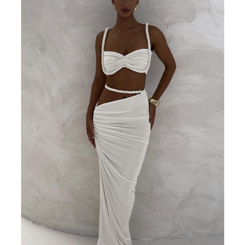 Весна Новый Сексуальный Однотонный Открытая Спина Маленький Топ на Бретелях Юбка по Бедрам Костюм