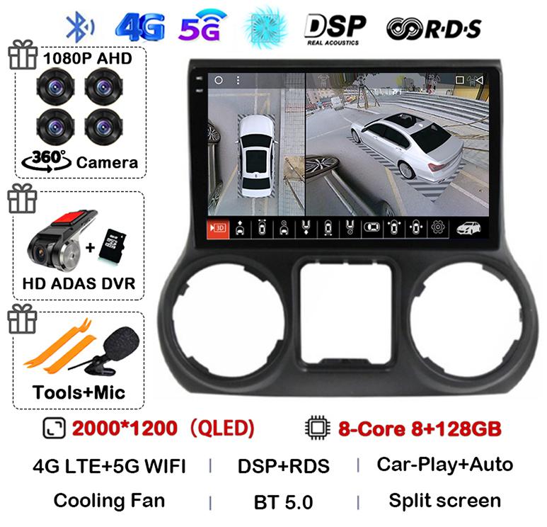 Android 14 Carplay Auto WIFI+4G For Jeep Wrangler 3 JK 2010 2011 2012-2018 Car Radio Multimedia Player GPS 360 Camera Stereo DSP